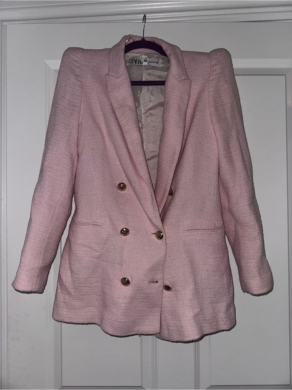 Zara Light Pink Double-Breasted Tweed Blazer small
